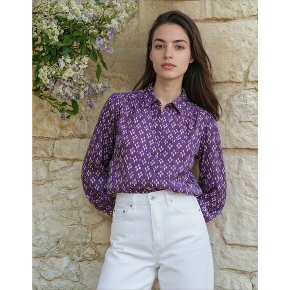 Roaman’s womans Size M Long Sleeve Long Tail Purple Polka Dot Blouse - Picture 1 of 11